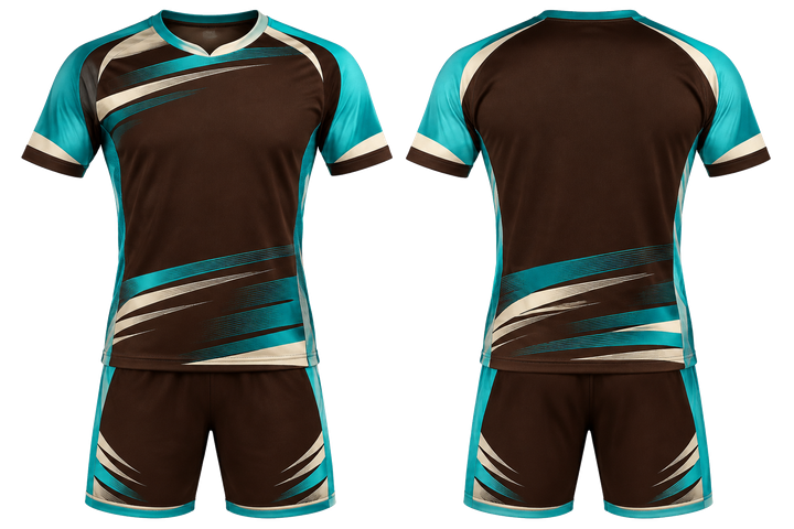 Front and back view of dark chocolate compressed gradient illusion made only from flat bands handball indoor match uniform