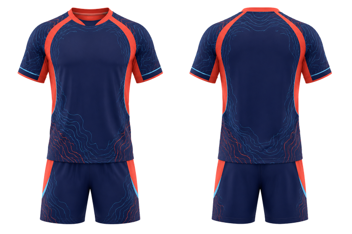 Front and back view of indigo contained topographic contour field handball indoor match uniform