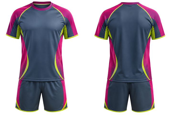 Front and back view of slate curved body mapped side flow handball indoor match uniform
