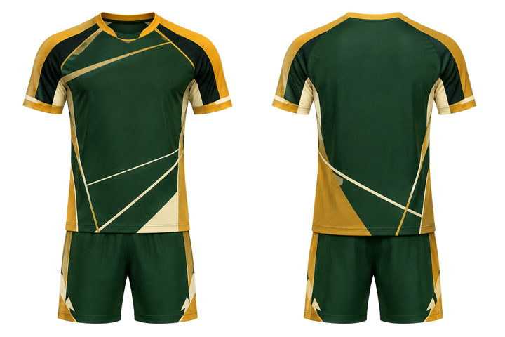 Front and back view of forest green diagonal court line architecture handball indoor match uniform