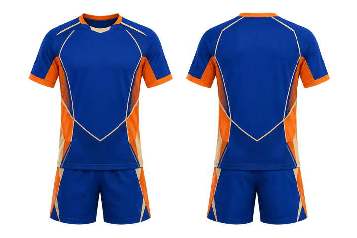 Front and back view of cobalt faceted shield geometry handball indoor match uniform