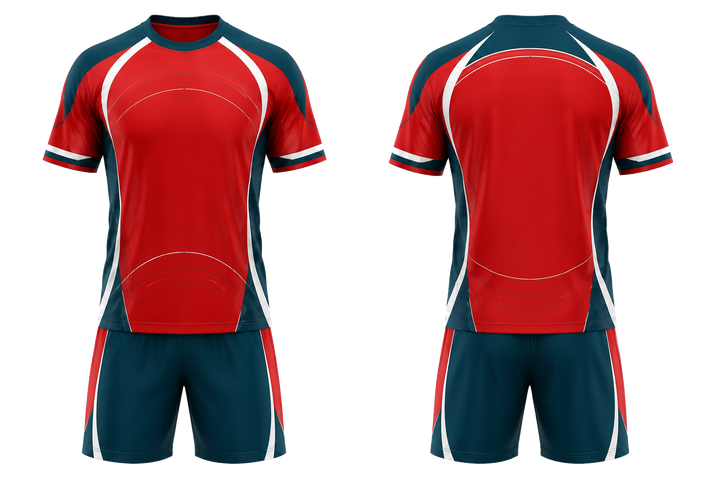 Front and back view of club red minimal arch and orbit geometry handball indoor match uniform