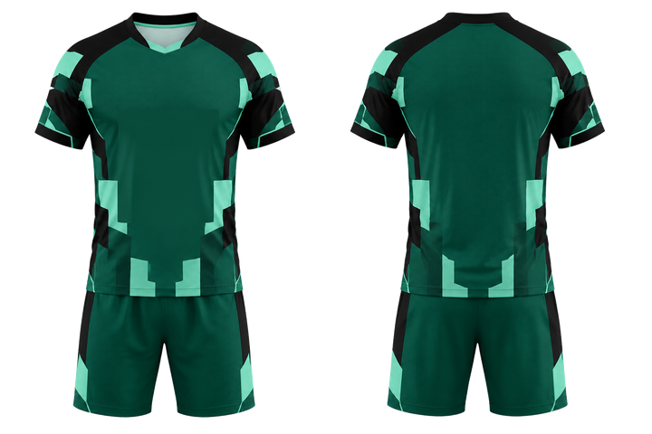 Front and back view of emerald modular block mosaic handball indoor match uniform