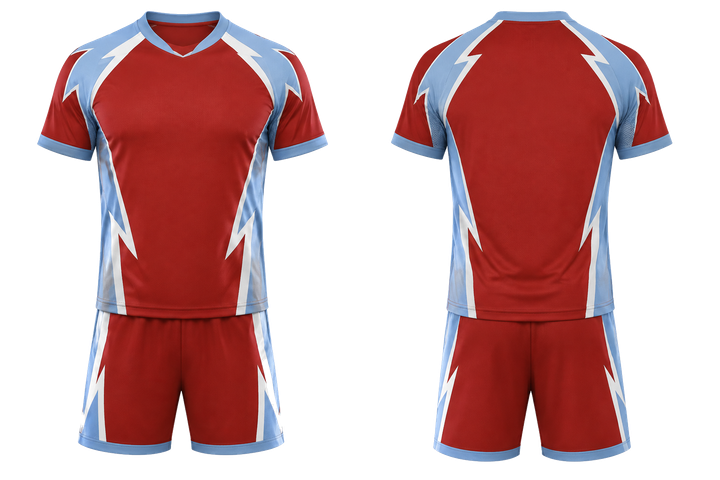 Front and back view of brick red negative space lightning channel handball indoor match uniform