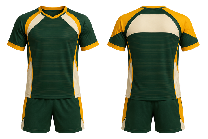 Front and back view of bottle green retro micro stripe with modern panel breaks handball indoor match uniform