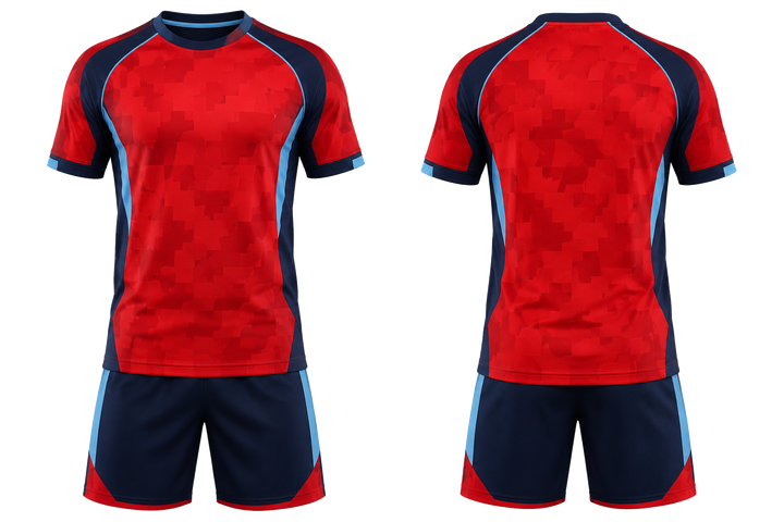 Front and back view of deep red stepped chequer field with original spacing handball indoor match uniform