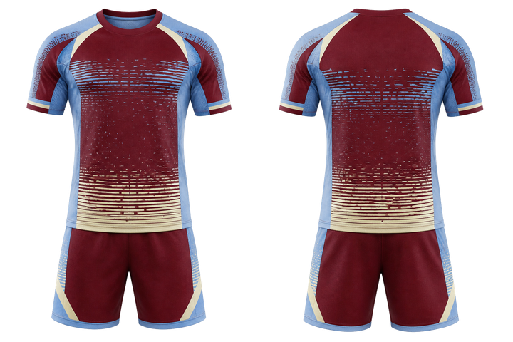 Front and back view of deep maroon pixel to panel fade built from flat bands handball indoor training set