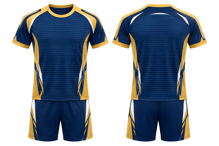 Front and back view of marine blue retro micro stripe with modern panel breaks handball indoor training set