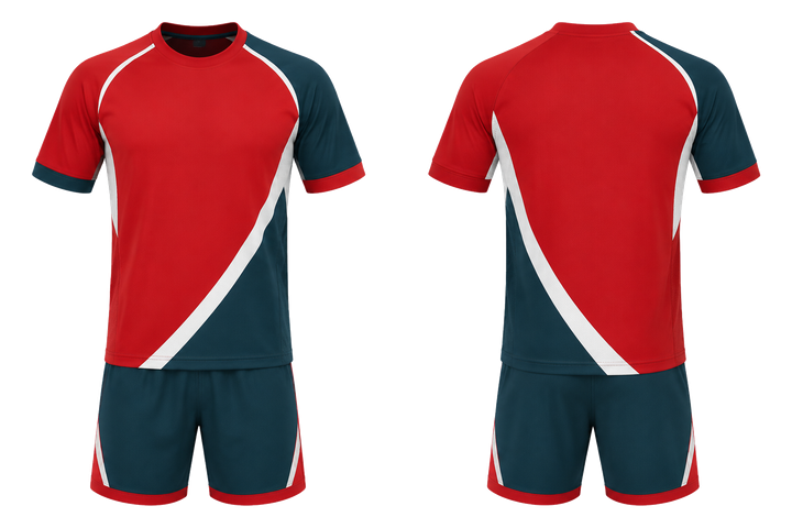 Front and back view of club red split sash geometry handball indoor training set