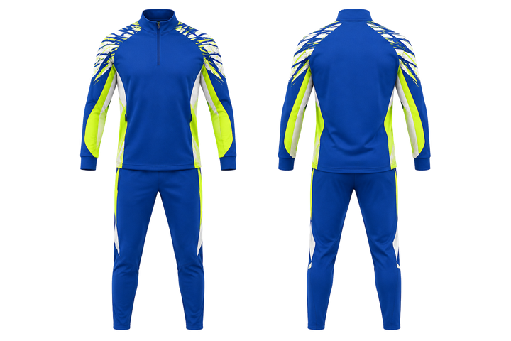 Front and back view of royal blue angular shoulder burst handball indoor warm up set