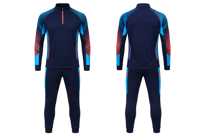 Front and back view of midnight navy compressed gradient illusion made only from flat bands handball indoor warm up set