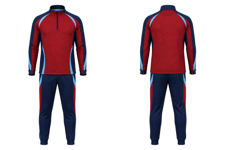 Front and back view of deep red contained topographic contour field handball indoor warm up set