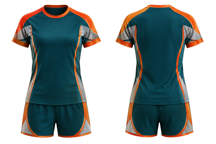 Front and back view of petrol teal bold sleeve to side bridge handball women's or youth handball uniform