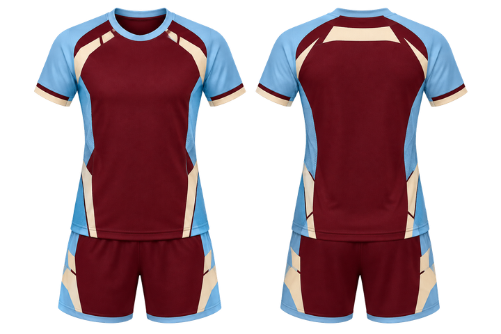 Front and back view of deep maroon modular block mosaic handball women's or youth handball uniform