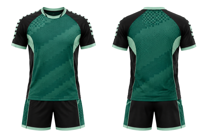 Front and back view of emerald stepped chequer field with original spacing handball women's or youth handball uniform