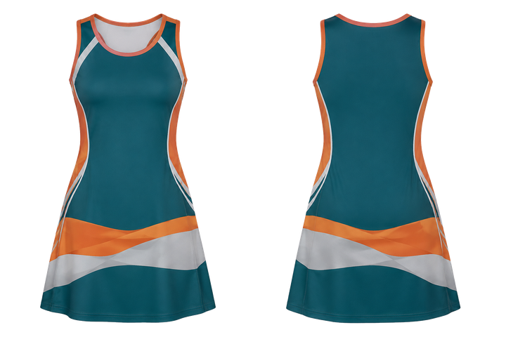 Front and back view of petrol teal layered horizon bands netball academy dress