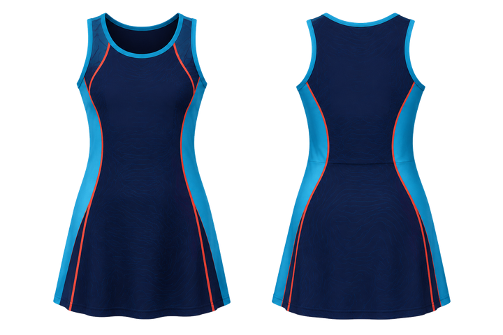 Front and back view of midnight navy low contrast ripple map netball academy dress