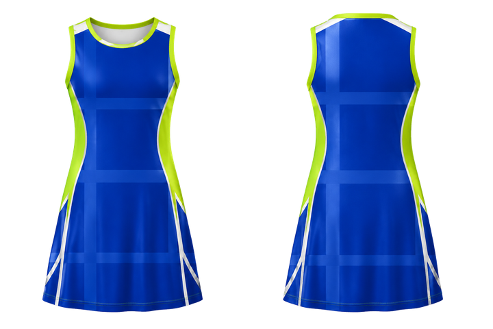 Front and back view of royal blue oversized tonal grid netball academy dress