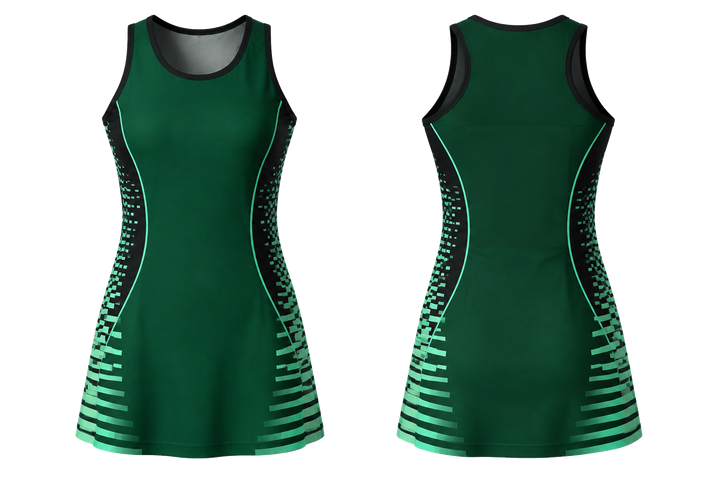 Front and back view of emerald pixel to panel fade built from flat bands netball academy dress