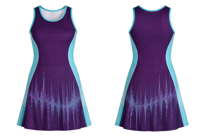 Front and back view of plum tonal soundwave rhythm netball academy dress