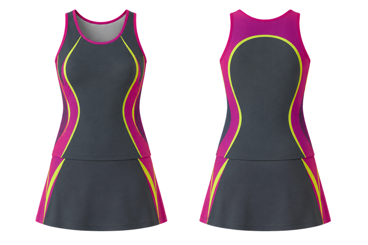 Front and back view of slate curved body mapped side flow netball alternate competition set