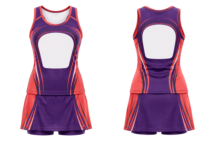 Front and back view of purple nested contour arcs netball alternate competition set