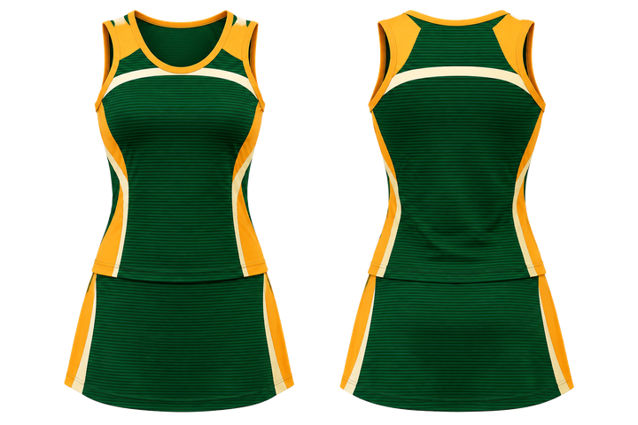 Front and back view of bottle green retro micro stripe with modern panel breaks netball alternate competition set