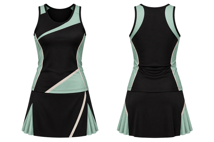 Front and back view of obsidian black split sash geometry netball alternate competition set