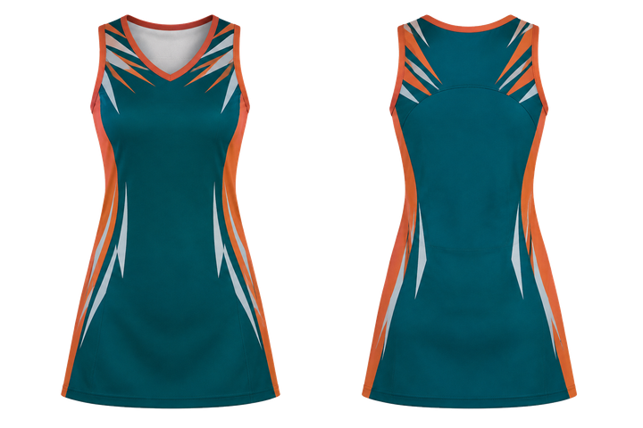 Front and back view of petrol teal angular shoulder burst netball match dress
