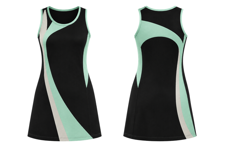 Front and back view of obsidian black asymmetric speed panel sweep netball match dress