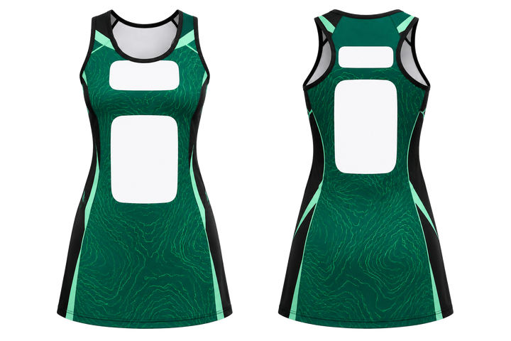 Front and back view of emerald contained topographic contour field netball match dress