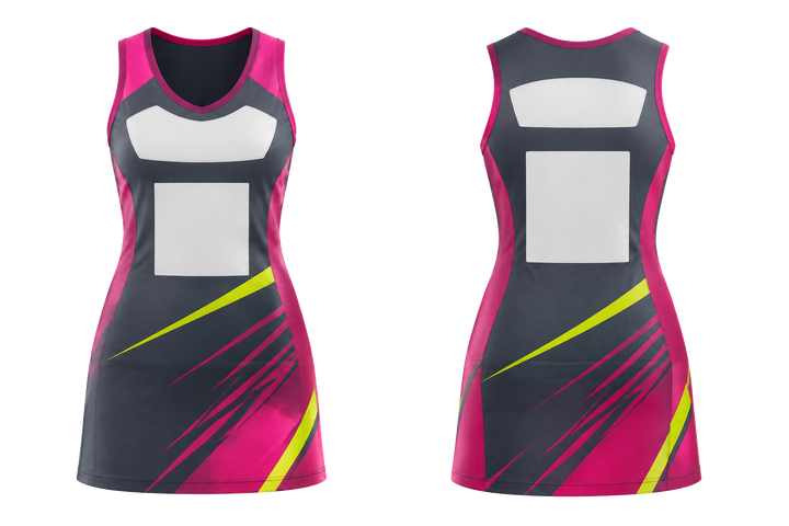 Front and back view of slate diagonal court line architecture netball match dress