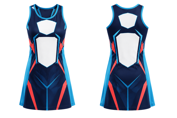 Front and back view of midnight navy faceted shield geometry netball match dress