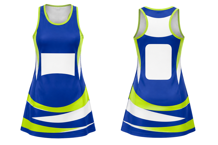 Front and back view of royal blue layered horizon bands netball match dress