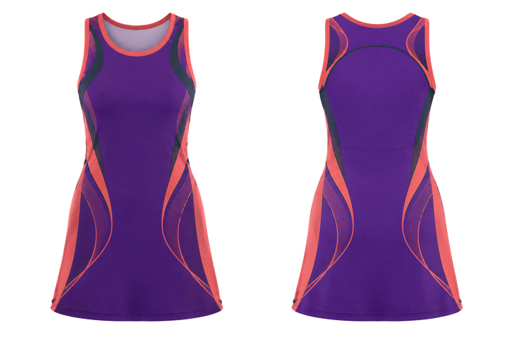 Front and back view of purple minimal arch and orbit geometry netball match dress