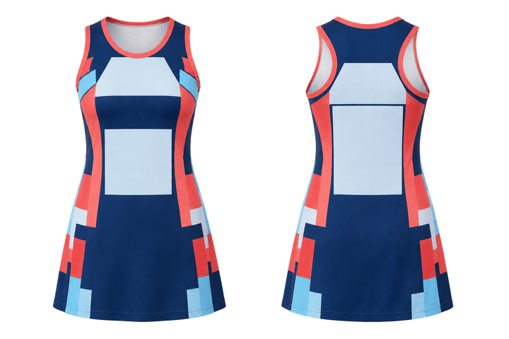 Front and back view of indigo modular block mosaic netball match dress