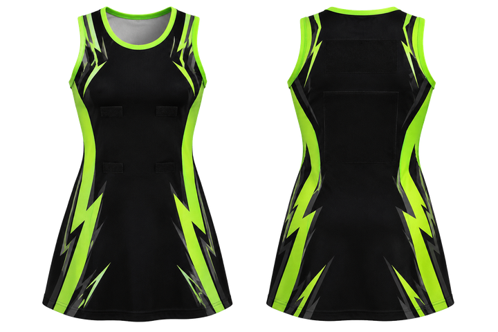Front and back view of black negative space lightning channel netball match dress