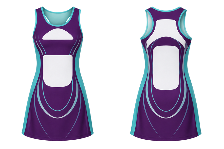 Front and back view of plum nested contour arcs netball match dress