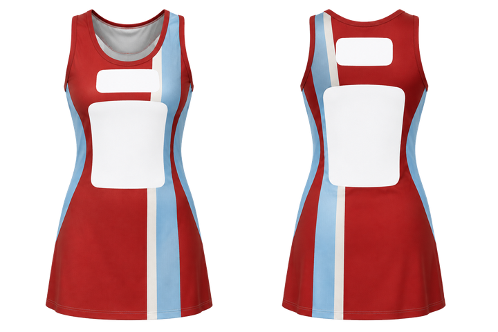 Front and back view of brick red offset vertical race stripe netball match dress