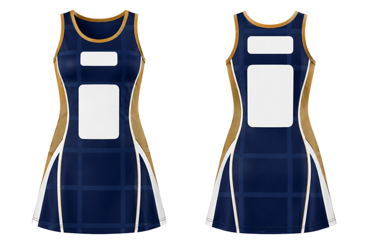 Front and back view of marine blue oversized tonal grid netball match dress