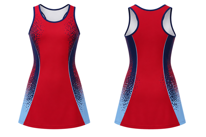 Front and back view of deep red pixel to panel fade built from flat bands netball match dress