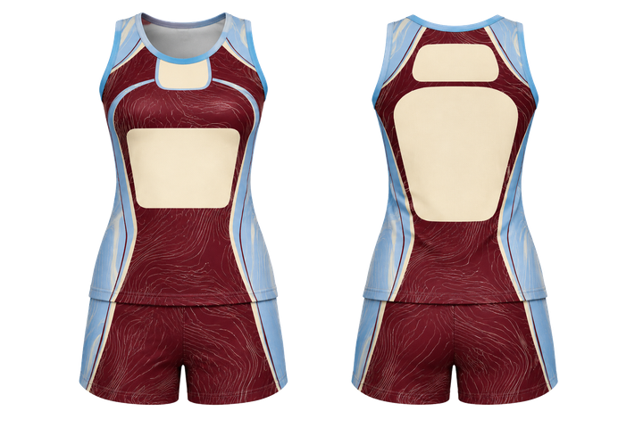 Front and back view of deep maroon contained topographic contour field netball training set