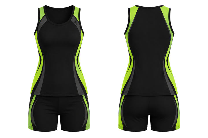 Front and back view of black curved body mapped side flow netball training set