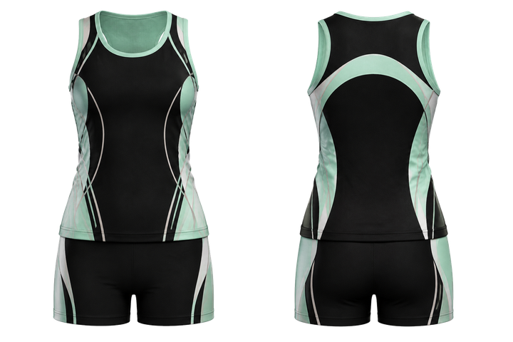 Front and back view of obsidian black minimal arch and orbit geometry netball training set