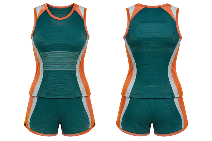 Front and back view of petrol teal retro micro stripe with modern panel breaks netball training set
