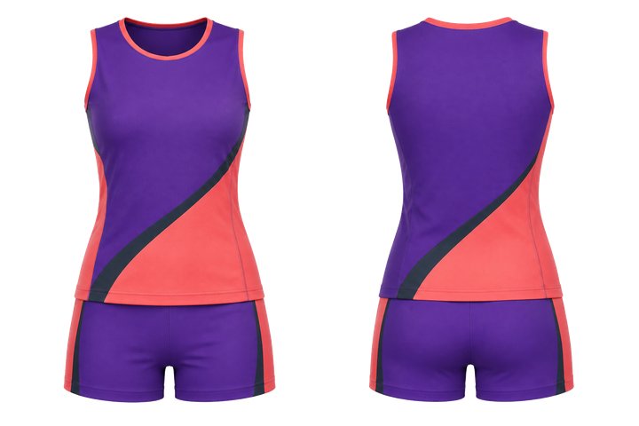 Front and back view of purple split sash geometry netball training set