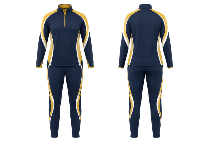 Front and back view of marine blue bold sleeve to side bridge netball warm up set