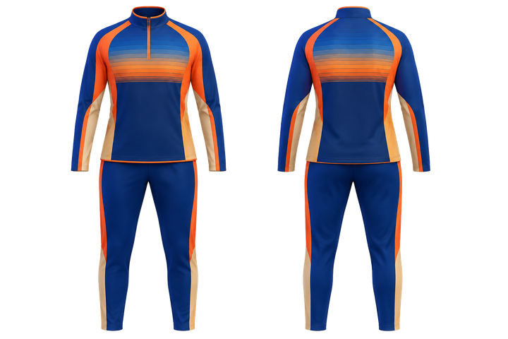 Front and back view of cobalt compressed gradient illusion made only from flat bands netball warm up set