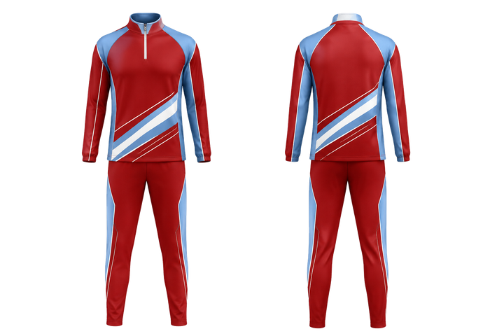 Front and back view of brick red diagonal court line architecture netball warm up set