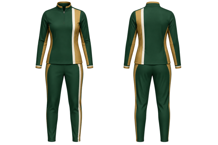 Front and back view of forest green offset vertical race stripe netball warm up set